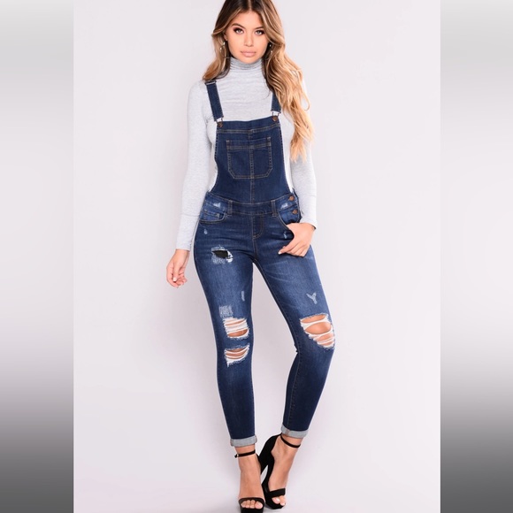 Fashion Nova Pants - Distressed Dark Denim Overalls